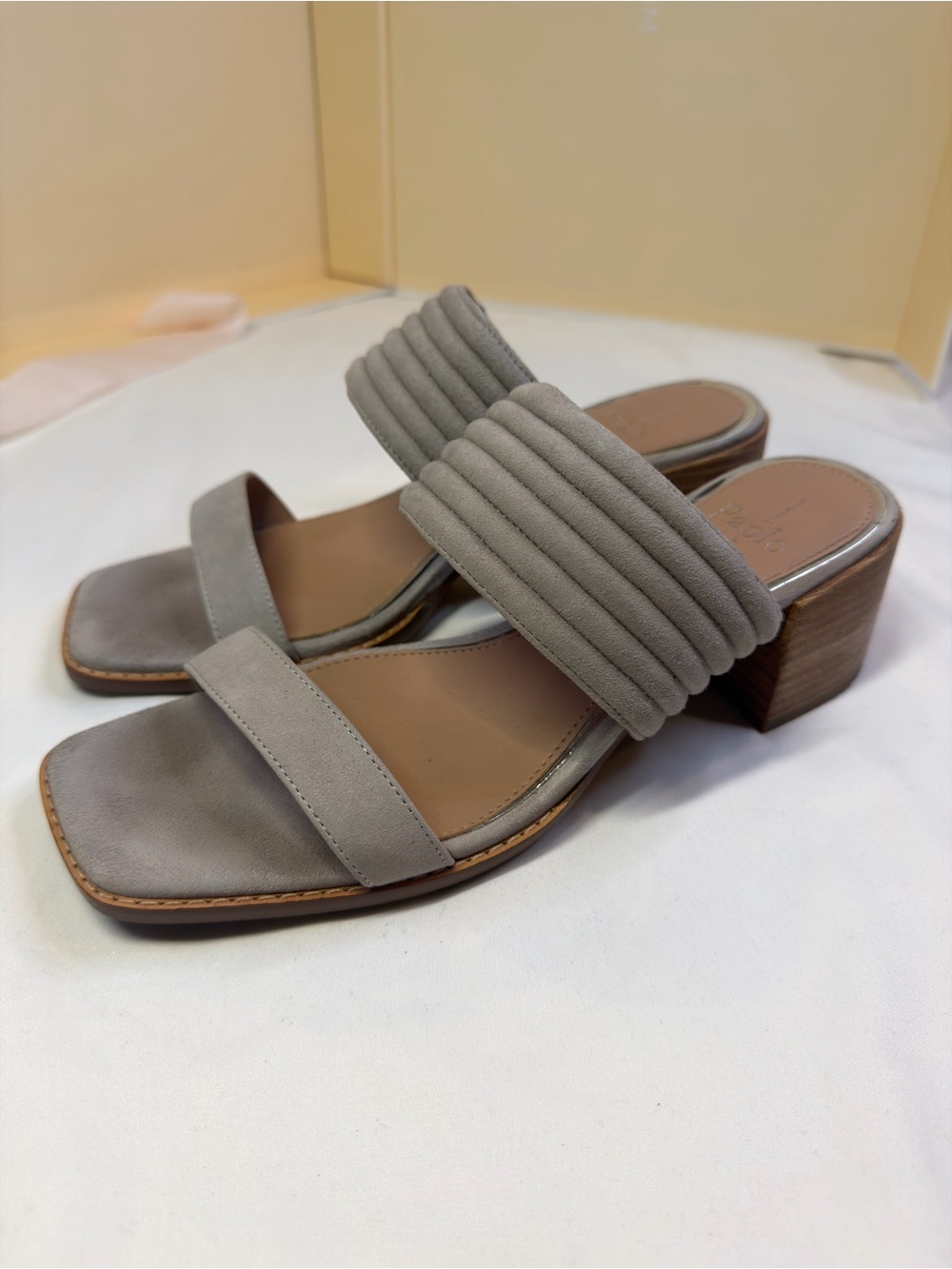 Paolo Taupe Suede Quilted Two-Band Block Heel Mules